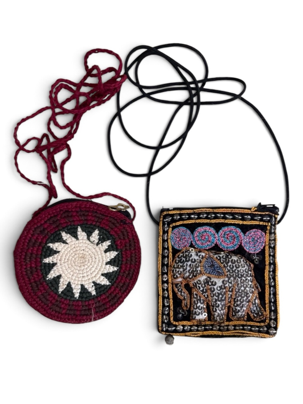 Set/ 2 Handmade Mini Coin Pouch Bags Woven Ethnic Bohemian